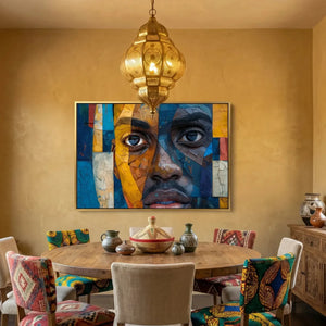 African American dining room art in mustard Moroccan dining with carved chairs and brass lantern, mosaic Black man portrait. Digital mockup.