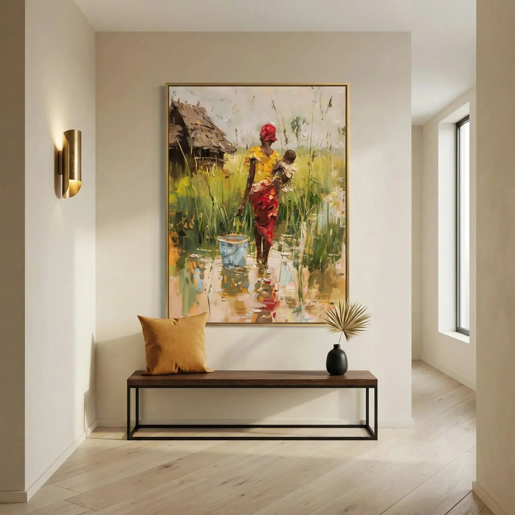 Modern Black art for apartment in minimalist hallway with brass sconce and walnut bench, African woman with baby in village. Digital mockup.