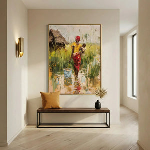 Modern Black art for apartment in minimalist hallway with brass sconce and walnut bench, African woman with baby in village. Digital mockup.