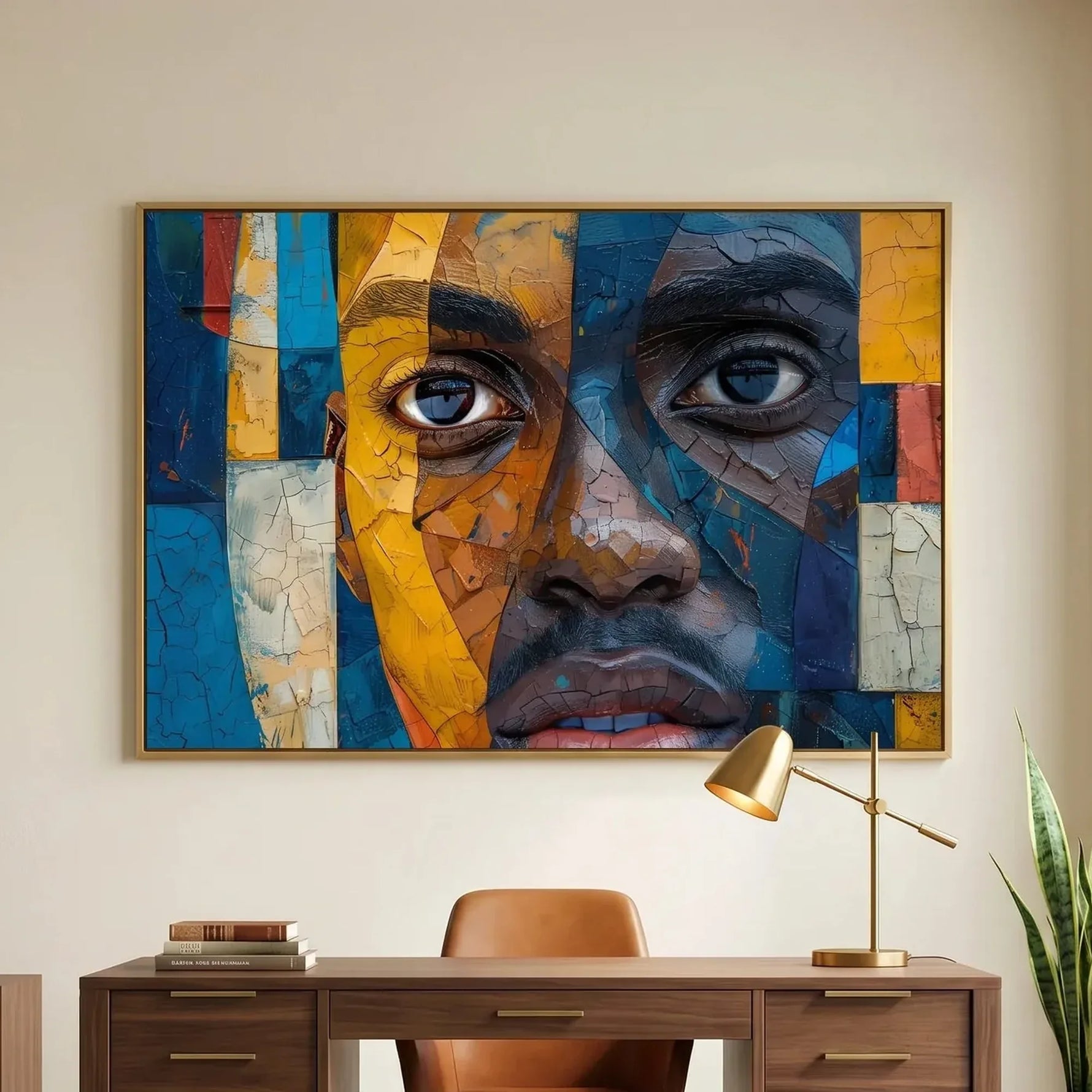 Black home office art in modern home office with walnut desk and African statue, mosaic abstract Black man portrait. Digital mockup.
