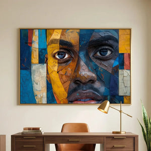Black home office art in modern home office with walnut desk and African statue, mosaic abstract Black man portrait. Digital mockup.