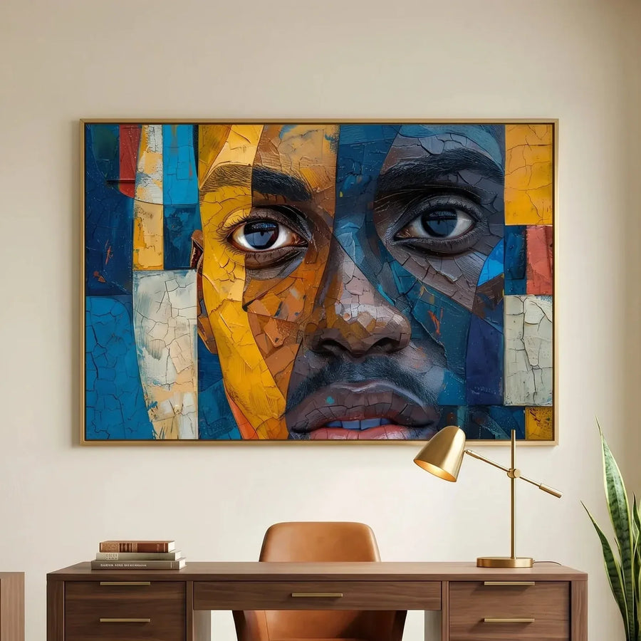 Black home office art in modern home office with walnut desk and African statue, mosaic abstract Black man portrait. Digital mockup.