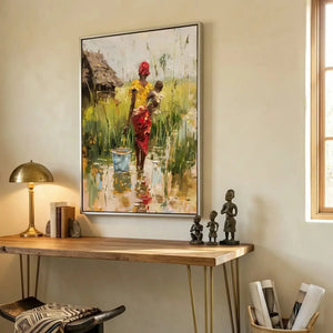 Black home office art in modern home office with walnut console and African statues, African woman with baby in village. Digital mockup.