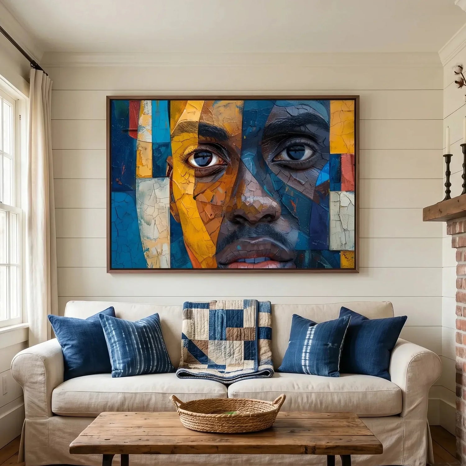 Black art for living room in farmhouse style with shiplap and brick fireplace, mosaic abstract Black man portrait. Digital mockup.