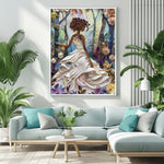 Afrocentric wall decor canvas in living room with Bright living room with teal sofa and tropical house plants, African. Digital mockup.