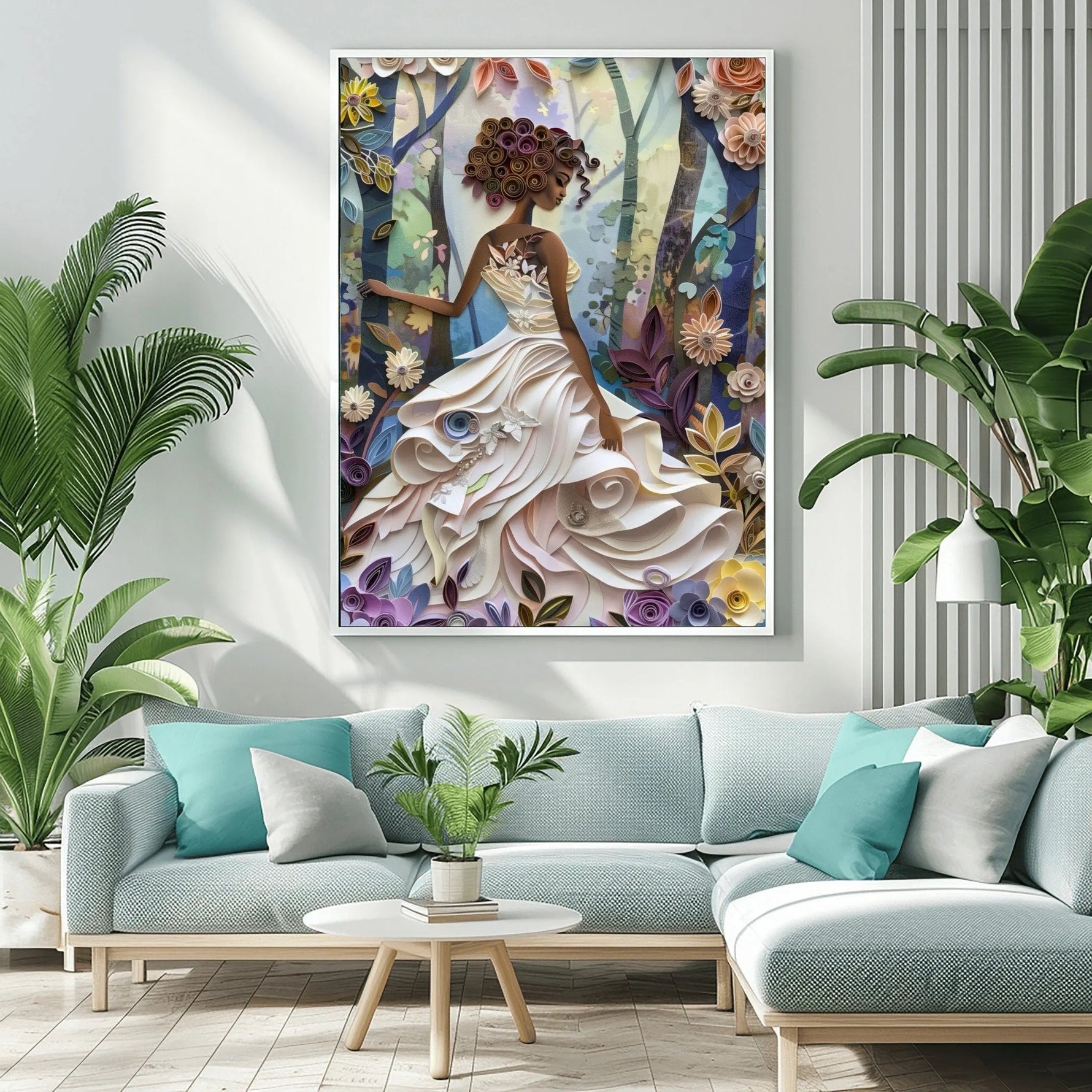 Afrocentric wall decor canvas in living room with Bright living room with teal sofa and tropical house plants, African. Digital mockup.