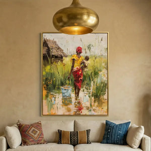 Modern African American art in Moroccan plaster living room with cream sofa, painterly African woman with baby in village. Digital mockup.