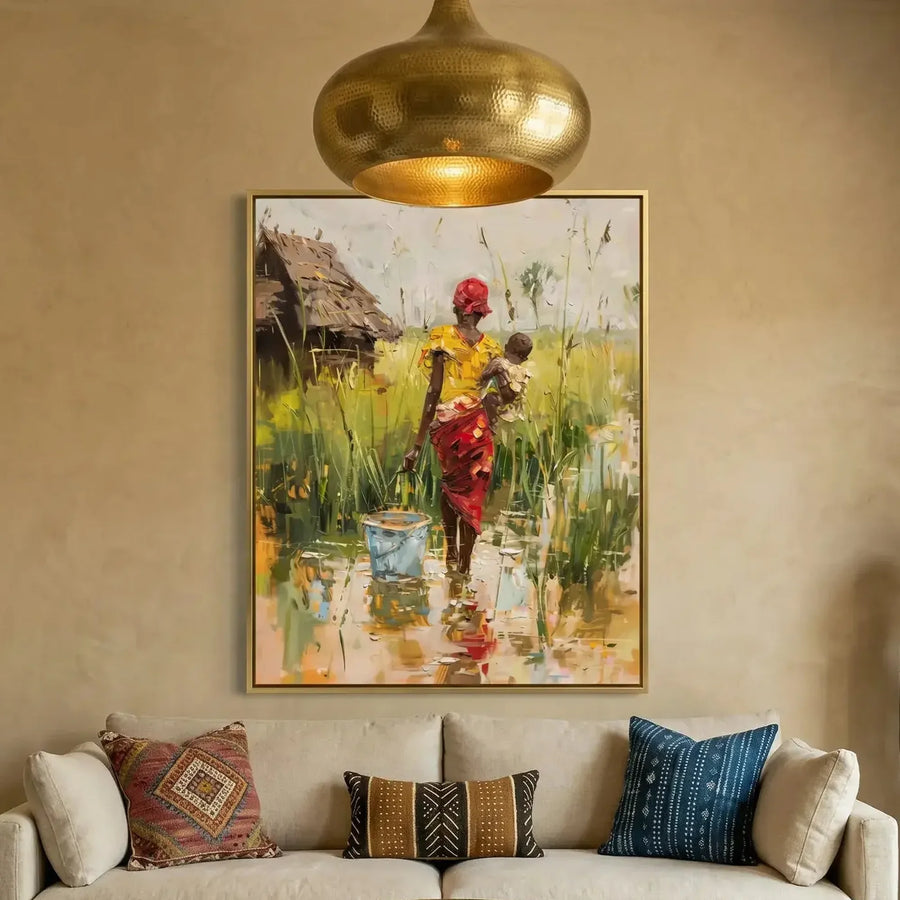 Modern African American art in Moroccan plaster living room with cream sofa, painterly African woman with baby in village. Digital mockup.