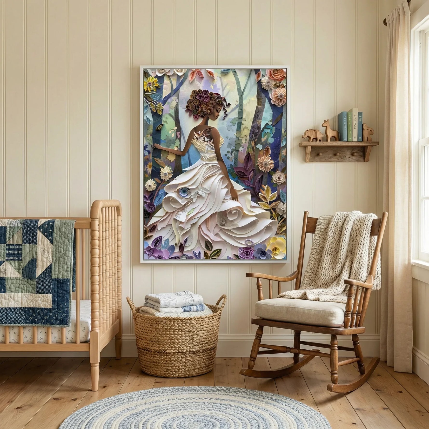 Afrocentric wall decor canvas in nursery with Farmhouse nursery with spindle crib, rocking chair, and neutral decor, Black. Digital mockup.