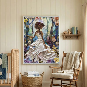 Black nursery wall art in vintage farmhouse nursery with spindle crib and rocking chair, paper-quilled Black girl, abstract. Digital mockup.