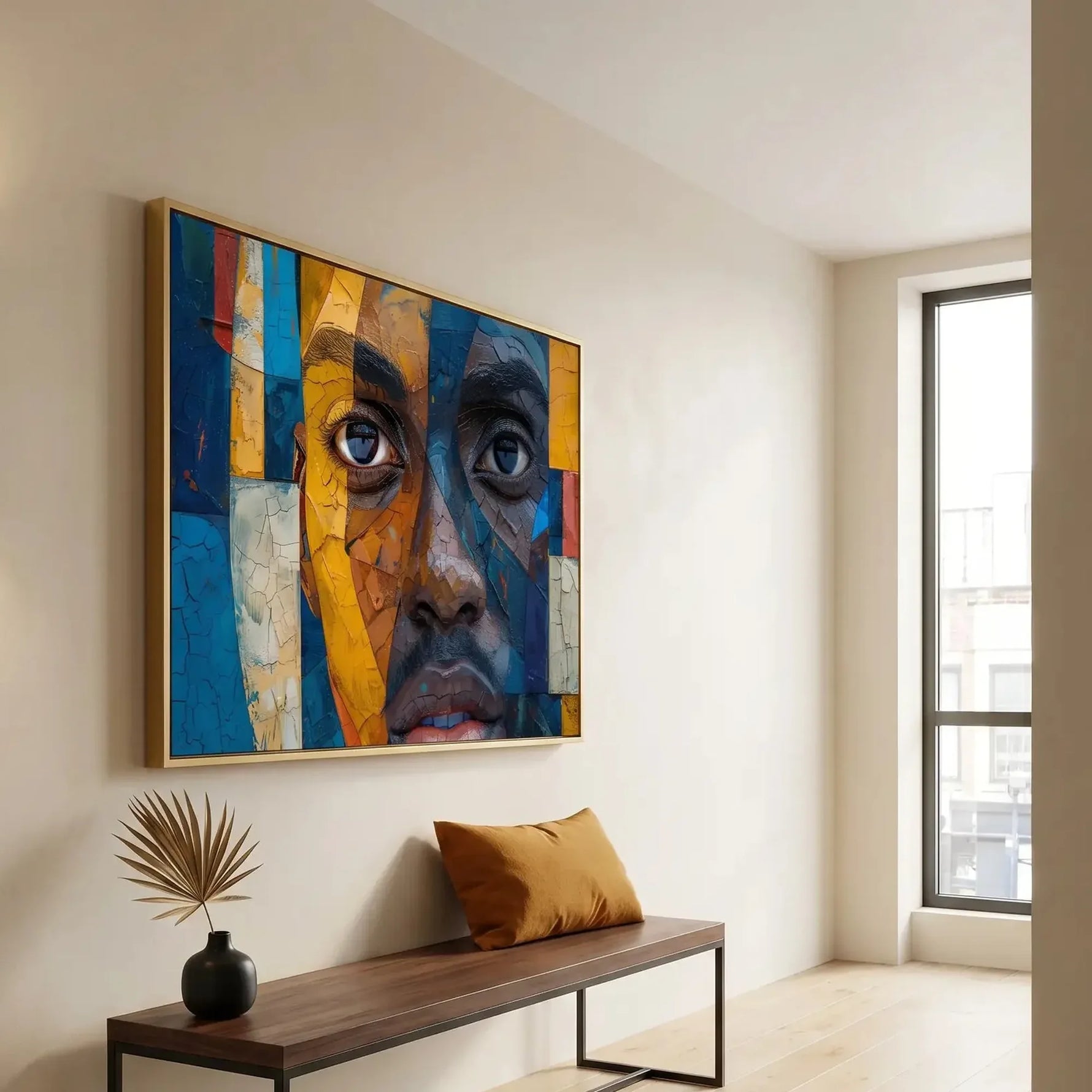 Modern Black art for apartment in minimalist hallway with brass sconce and walnut bench, mosaic Black man portrait. Digital mockup.