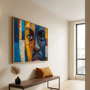 Modern Black art for apartment in minimalist hallway with brass sconce and walnut bench, mosaic Black man portrait. Digital mockup.