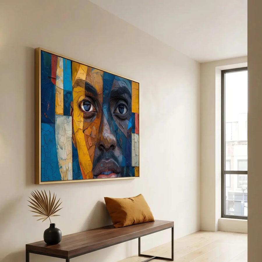 Modern Black art for apartment in minimalist hallway with brass sconce and walnut bench, mosaic Black man portrait. Digital mockup.