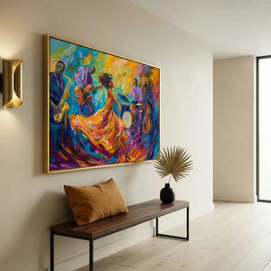 Modern Black art for apartment in minimalist hallway with brass sconce and walnut bench, Black jazz quartet with dancer. Digital mockup.