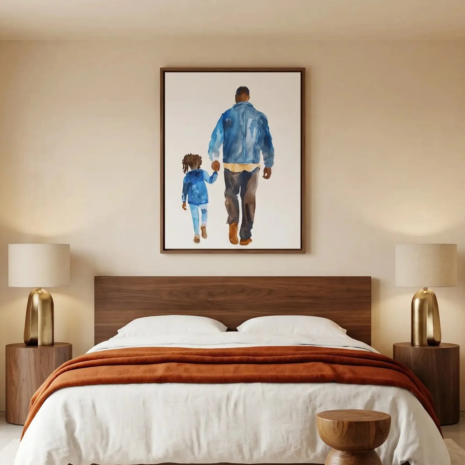 African American art for bedroom in modern bedroom with walnut platform bed, watercolor Black father and daughter. Digital mockup.