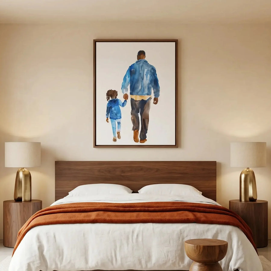 African American art for bedroom in modern bedroom with walnut platform bed, watercolor Black father and daughter. Digital mockup.