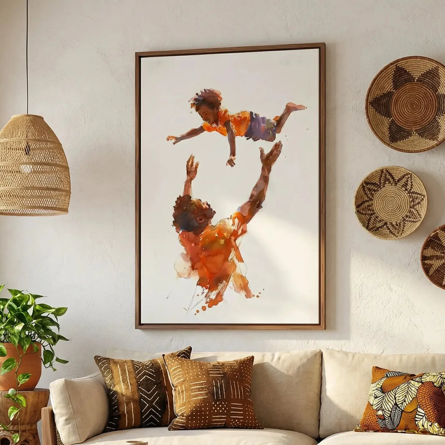 Afrohemian home decor wall art in boho Moroccan living room with mudcloth and African baskets, Black father tossing son. Digital mockup.
