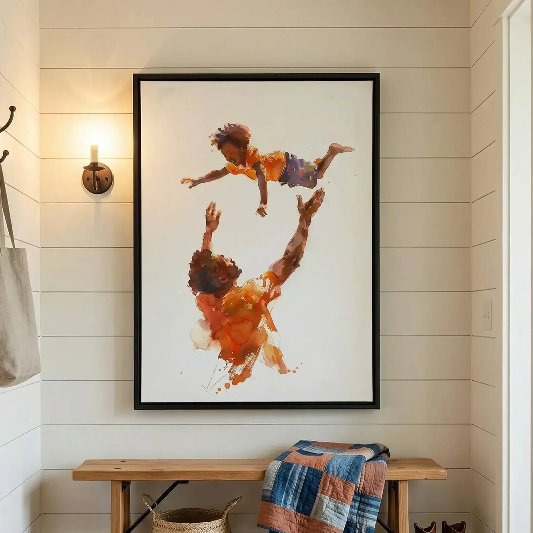 Black farmhouse wall decor in shiplap mudroom with antique bench and woven basket, watercolor Black father tossing son. Digital mockup.