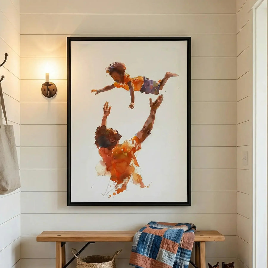 Black farmhouse wall decor in shiplap mudroom with antique bench and woven basket, watercolor Black father tossing son. Digital mockup.