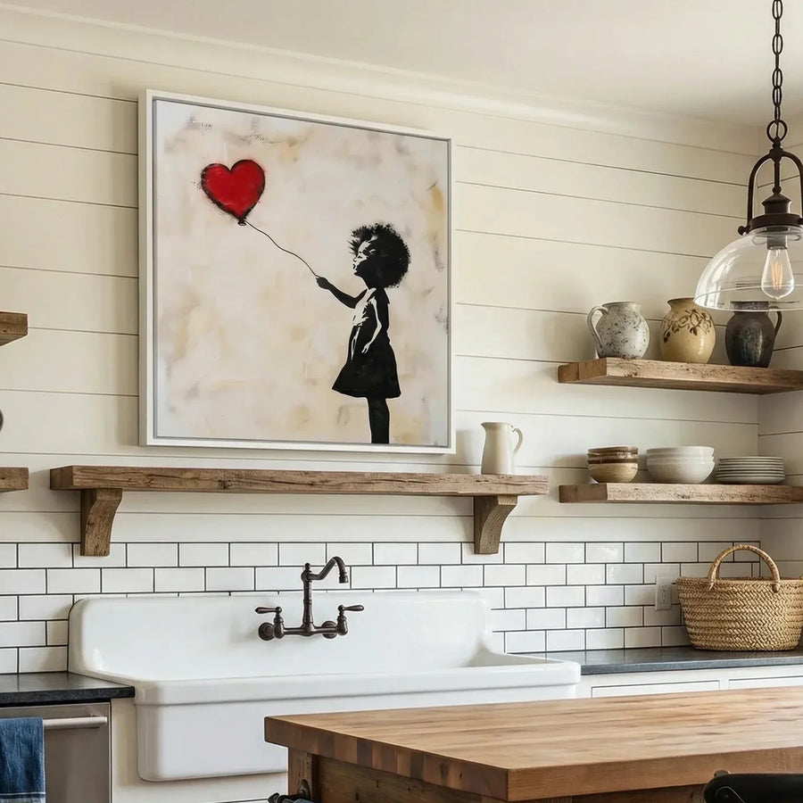 Black farmhouse wall decor in farmhouse kitchen with apron sink and shiplap, Black girl reaching for red heart balloon. Digital mockup.