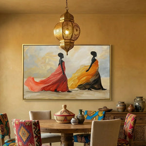 African American dining room art in mustard Moroccan dining with carved chairs and brass lantern, two regal Black women gowns. Digital mockup.