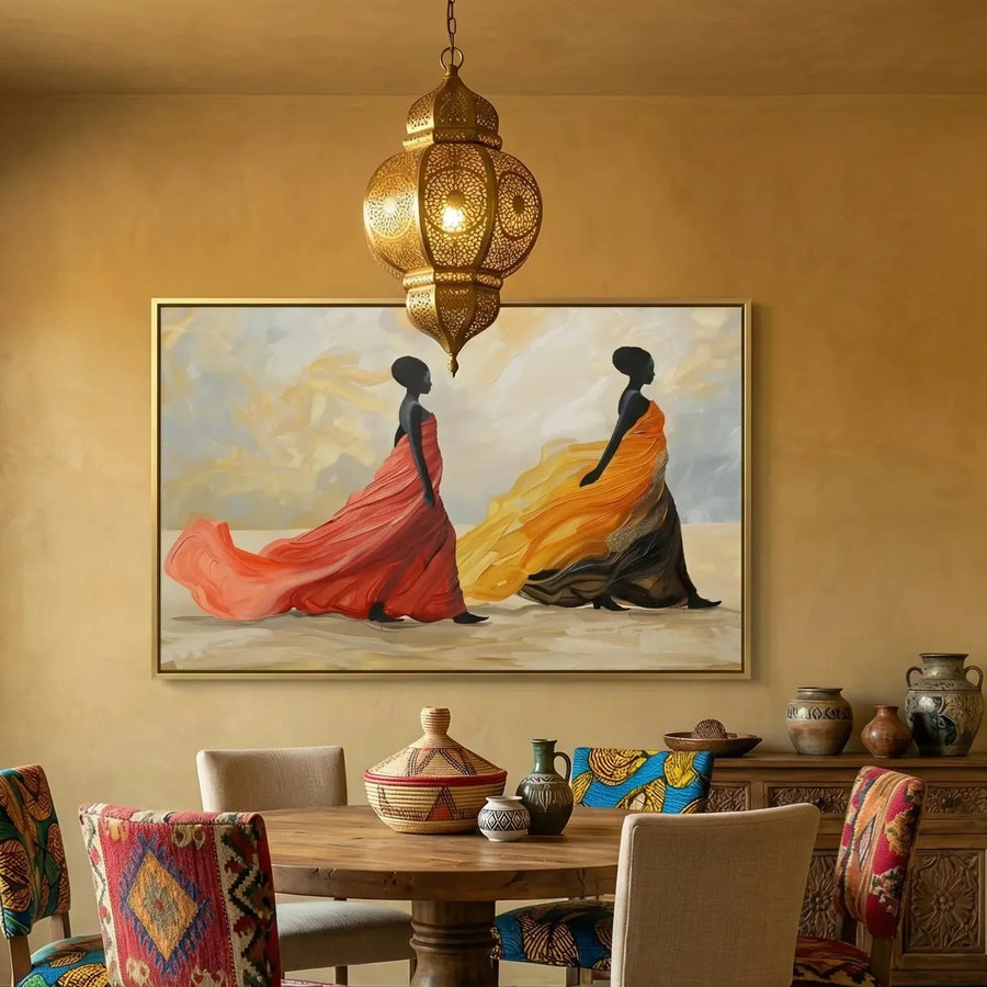 African American dining room art in mustard Moroccan dining with carved chairs and brass lantern, two regal Black women gowns. Digital mockup.