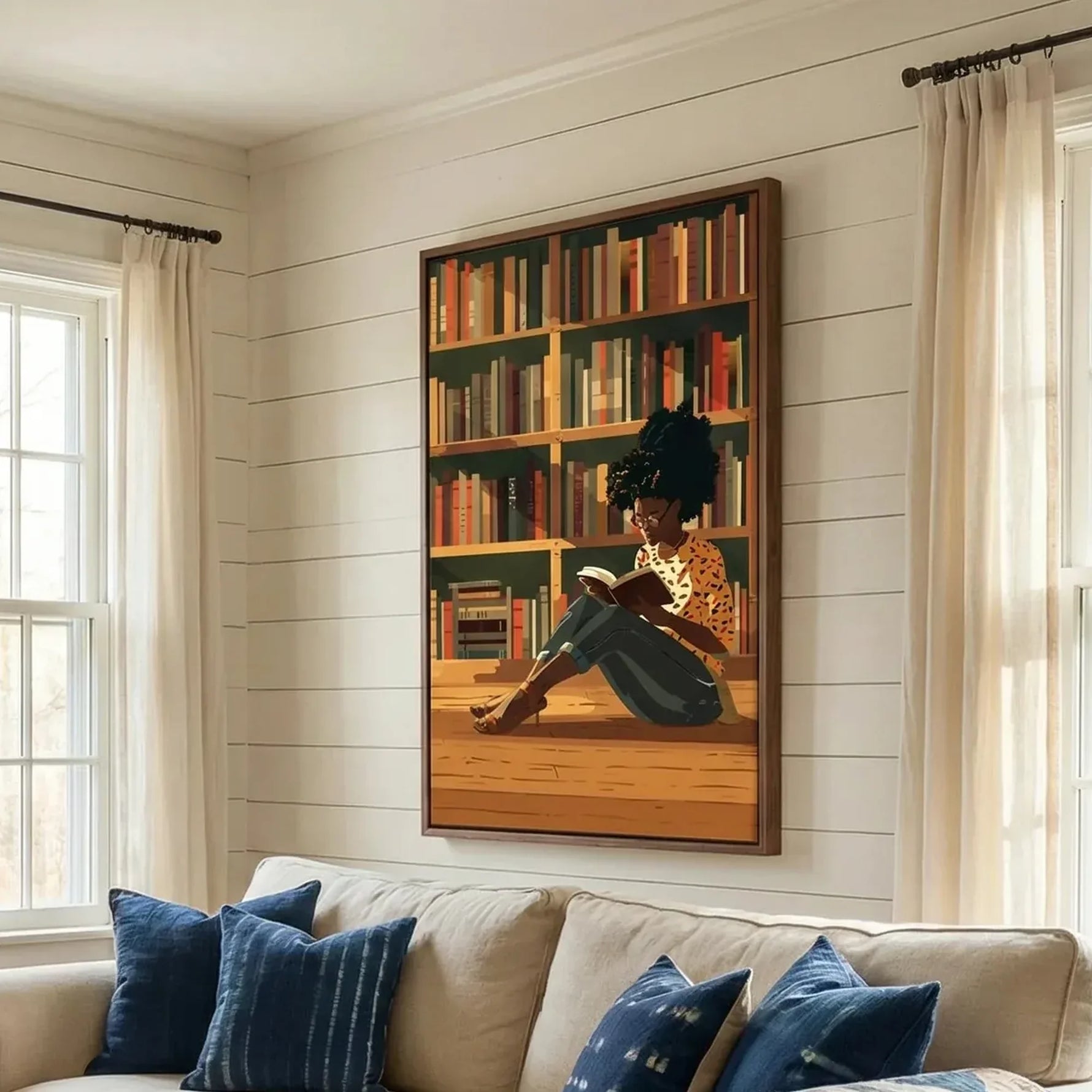 Black girl reading cozy aesthetic in farmhouse living room with shiplap and brick fireplace, Black girl reading library. Digital mockup.