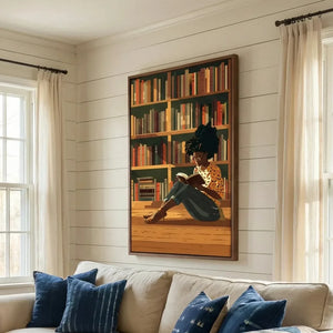 Black girl reading cozy aesthetic in farmhouse living room with shiplap and brick fireplace, Black girl reading library. Digital mockup.