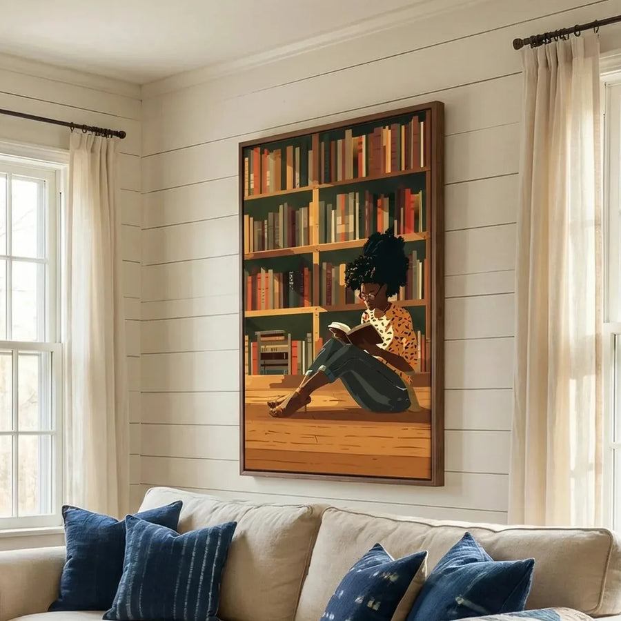 Black girl reading cozy aesthetic in farmhouse living room with shiplap and brick fireplace, Black girl reading library. Digital mockup.