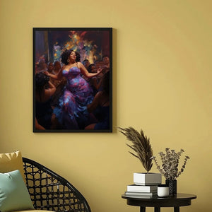 African American art for bedroom in mustard reading nook with rattan chair and pampas, curvy Black woman dancing in purple. Digital mockup.