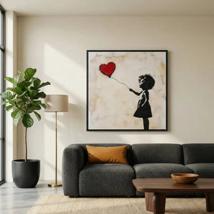 Black girl magic wall art in modern living room with gray boucle sofa and fiddle leaf, Black girl reaching for balloon. Digital mockup.