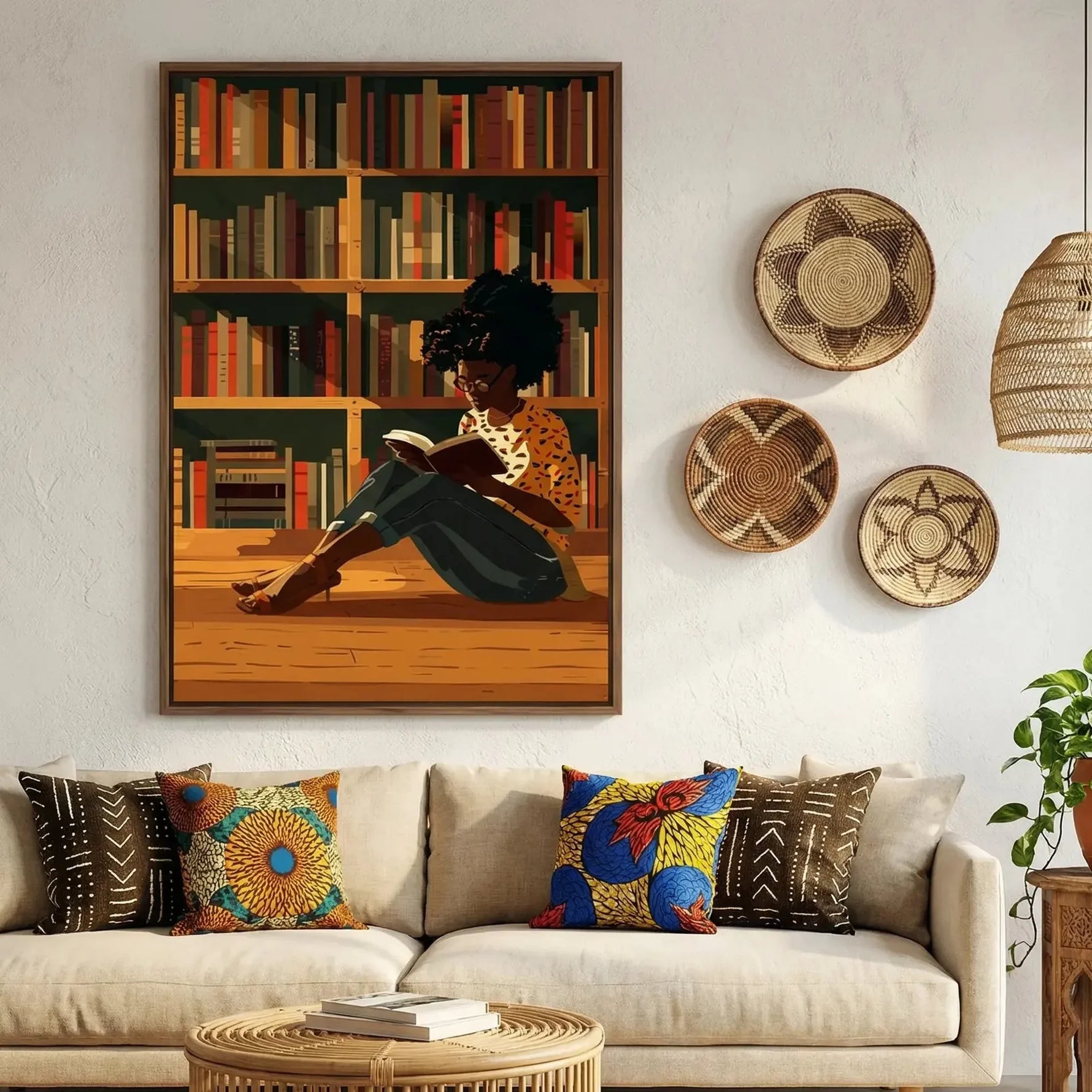 Black girl reading canvas in boho living room with mudcloth pillows and baskets, illustrated Black girl reading library. Digital mockup.