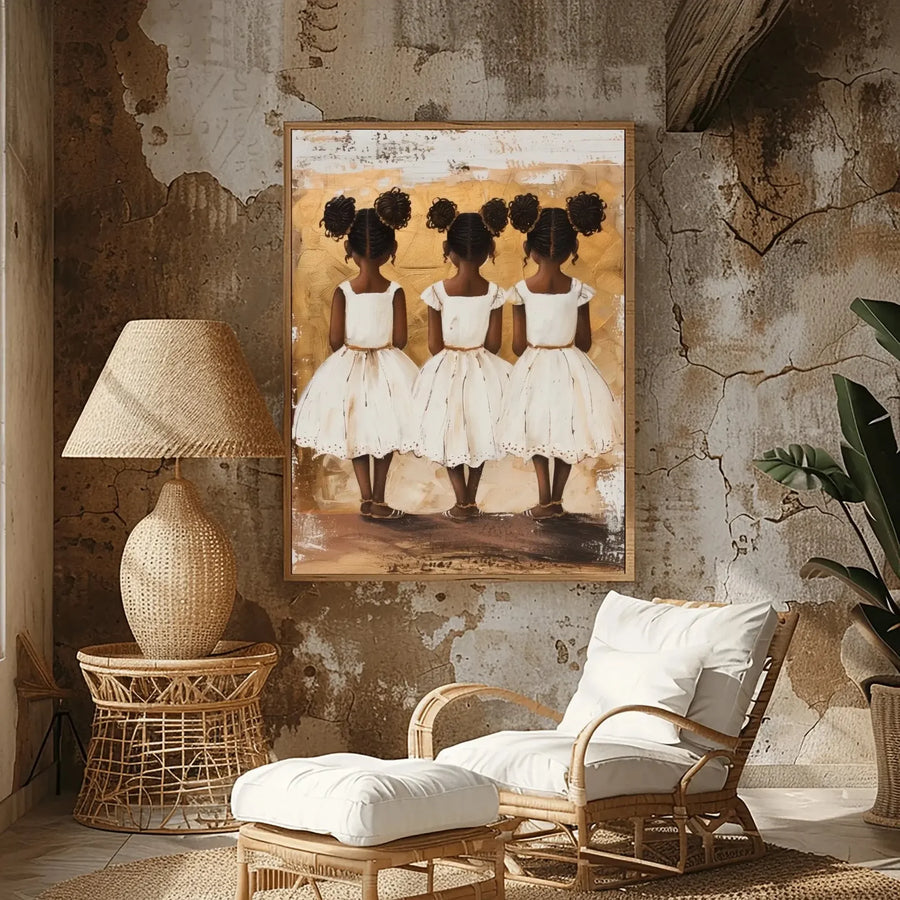 Melanin sisterhood wall art in rustic boho space with rattan chair and ottoman, three Black girl sisters art, painterly art. Digital mockup.