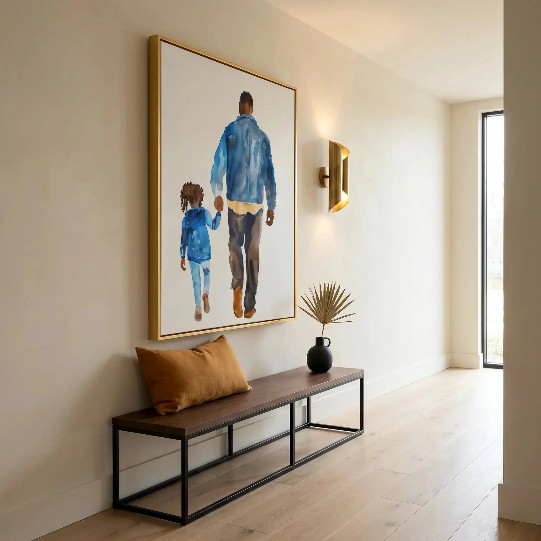 Modern Black art for apartment in minimalist hallway with brass sconce and walnut bench, watercolor Black father and daughter. Digital mockup.