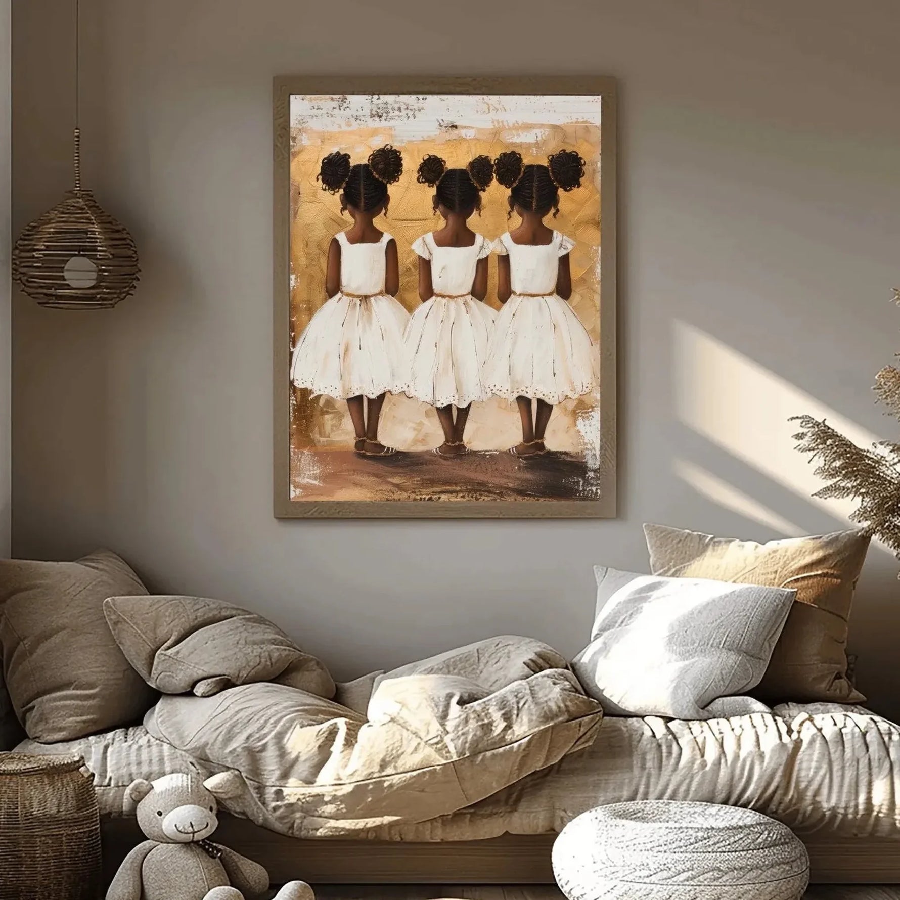 Black girl magic bedroom decor in boho reading nook with linen cushions, three Black girl sisters painterly art. Digital mockup.