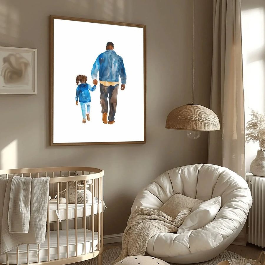 Black art for nursery walls in scandi nursery with rounded white crib and bouclé chair, watercolor Black father and daughter. Digital mockup.
