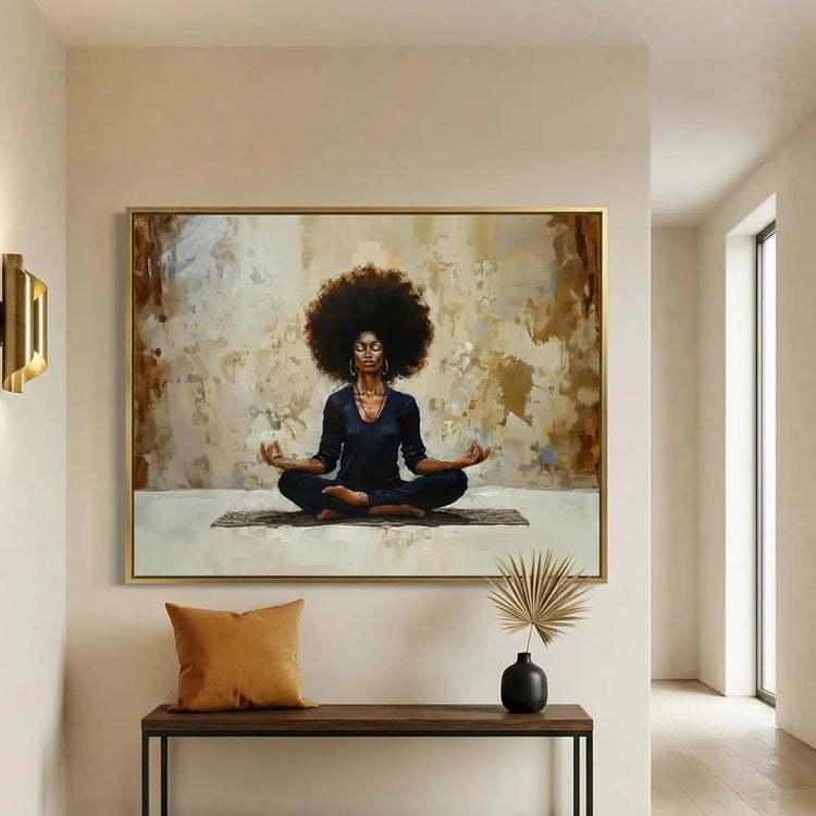 Afrohemian home decor wall art in boho hallway with woven African baskets and antique bench, Black woman meditating. Digital mockup.