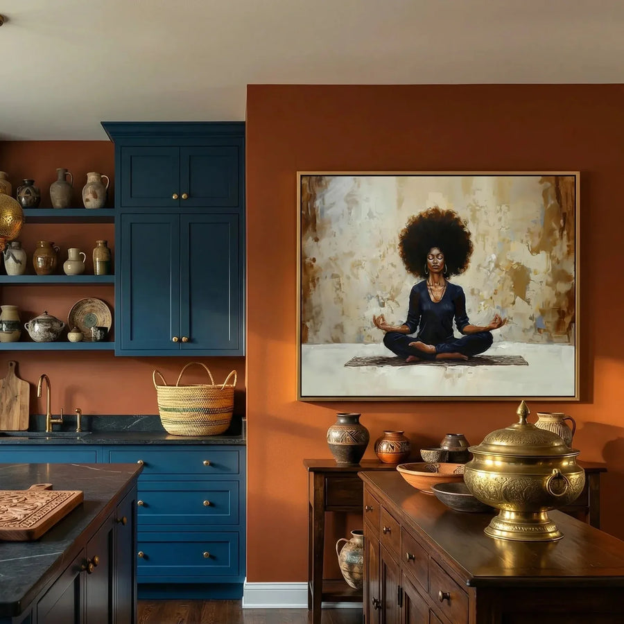 African American kitchen canvas in Mediterranean kitchen with blue Spanish tile and basket pendant, Black woman meditating. Digital mockup.