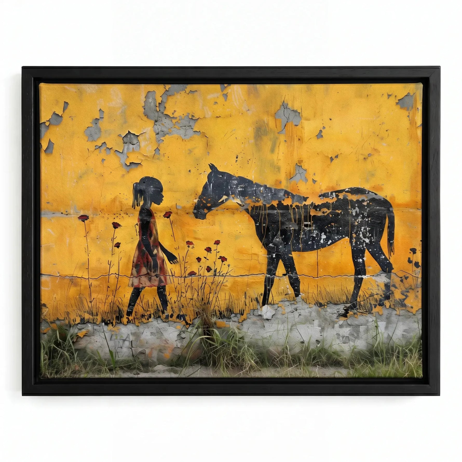 Black girl horse wall art in black floating frame, painterly girl walking with horse on yellow distressed wall. Digital mockup.