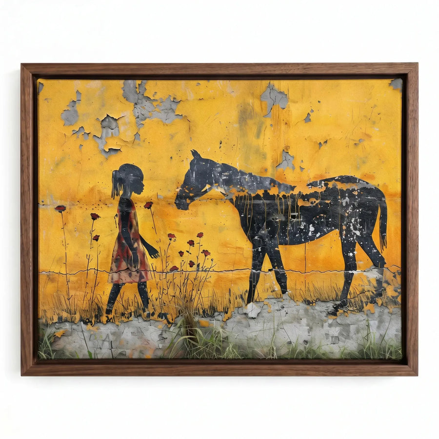 Black girl horse wall art in gold floating frame, girl walking with horse on weathered yellow wall, street-art stencil. Digital mockup.