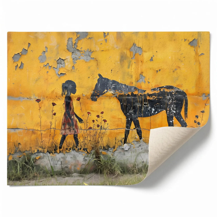 Black girl horse wall art rolled canvas print ready for custom framing, painterly girl with horse street-art. Digital mockup.