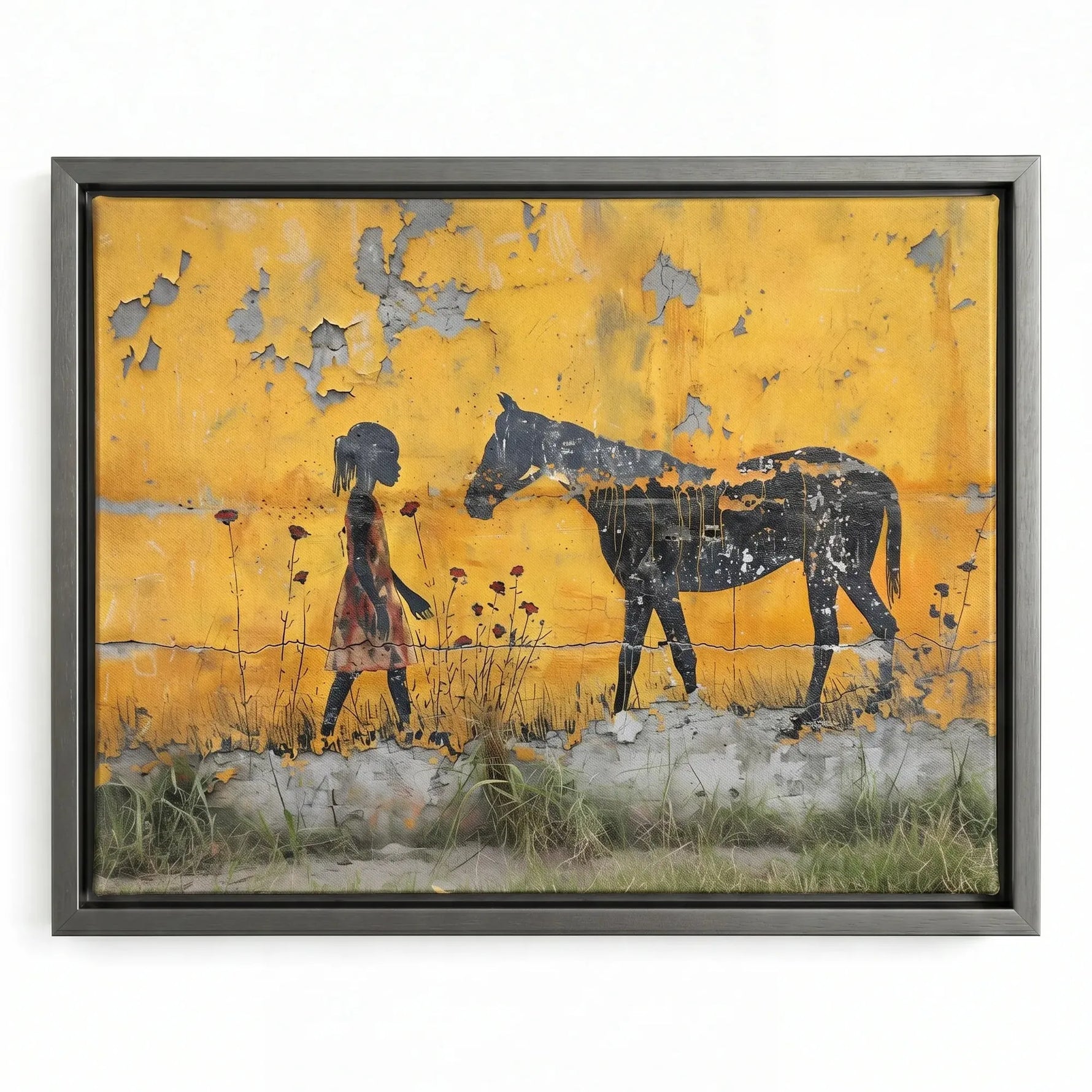 Black girl horse wall art in silver floating frame, modern girl with horse on yellow wall, street-art stencil. Digital mockup.
