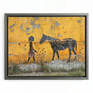 Black girl horse wall art in silver floating frame, modern girl with horse on yellow wall, street-art stencil. Digital mockup.