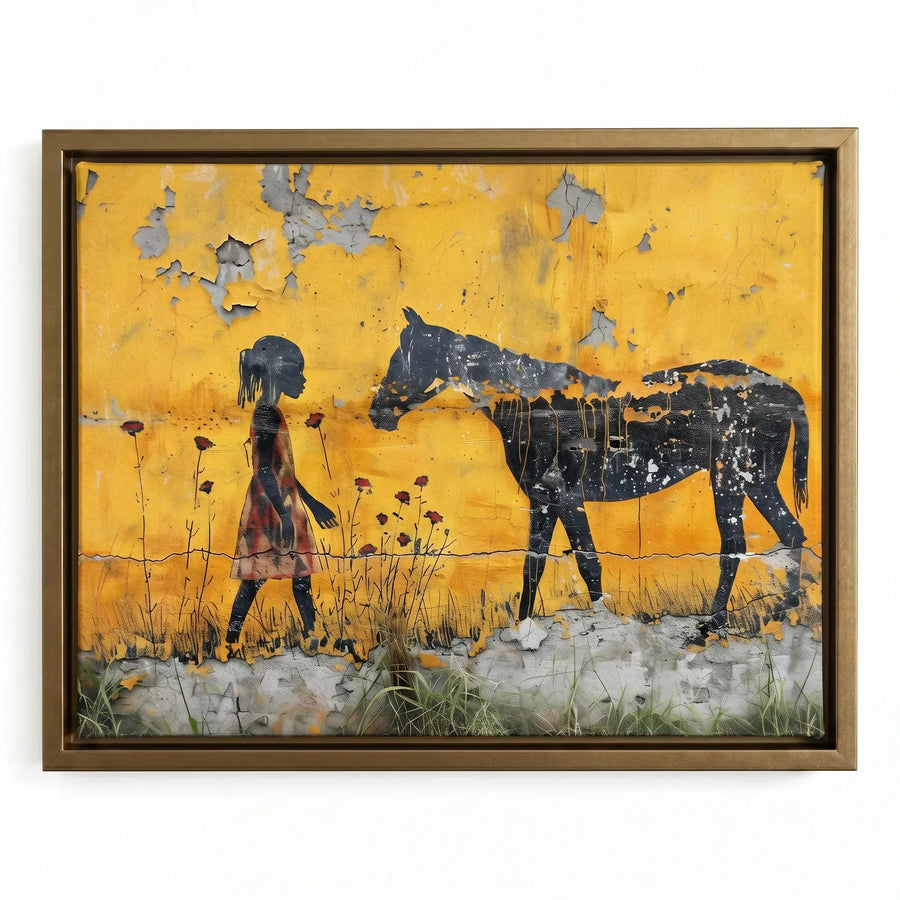 Black girl horse wall art in walnut floating frame, textured painting of girl with horse on golden wall, street-art stencil. Digital mockup.