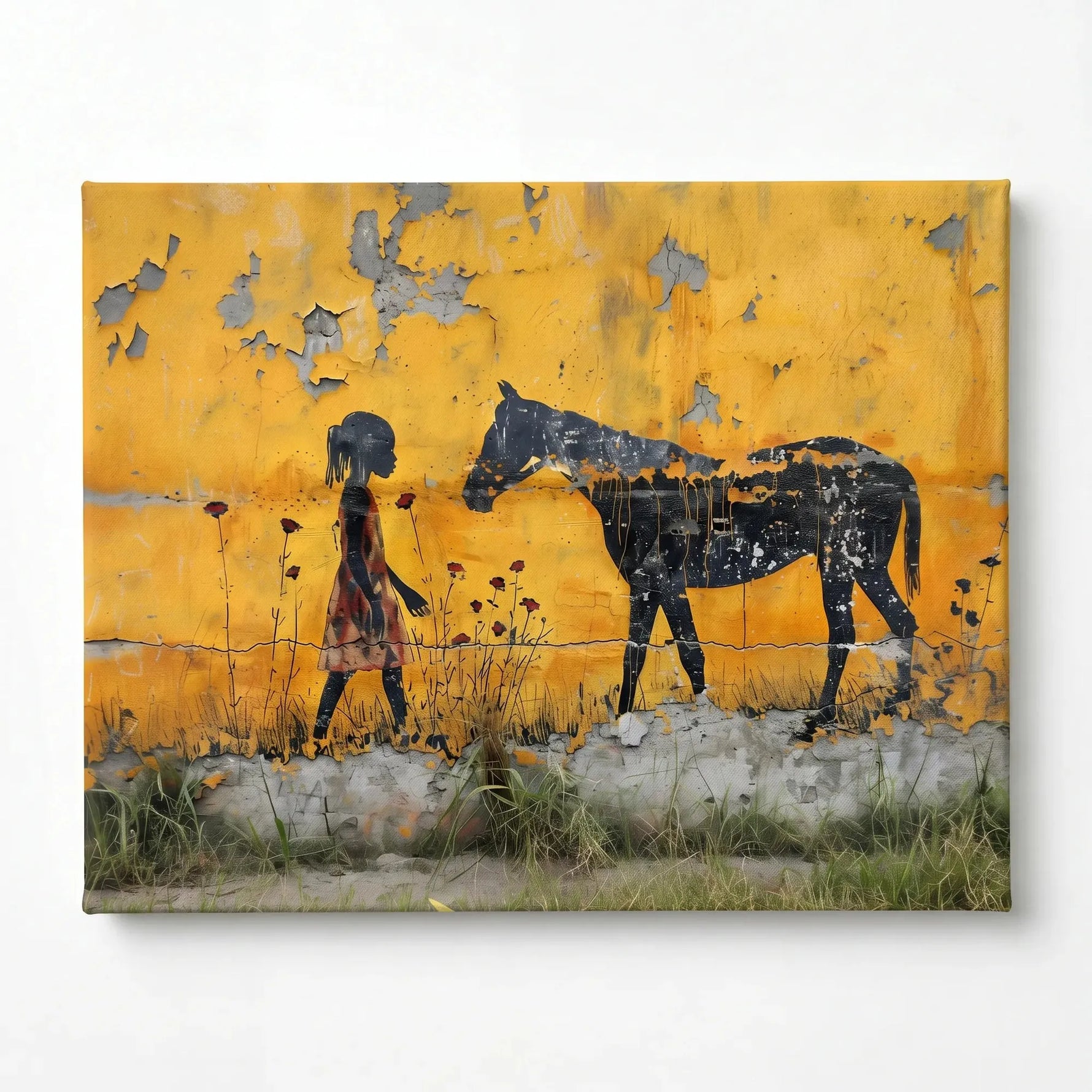 Black girl horse wall art stretched canvas, ready to hang. Painterly girl with horse on yellow distressed wall. Digital mockup.