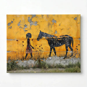 Black girl horse wall art stretched canvas, ready to hang. Painterly girl with horse on yellow distressed wall. Digital mockup.