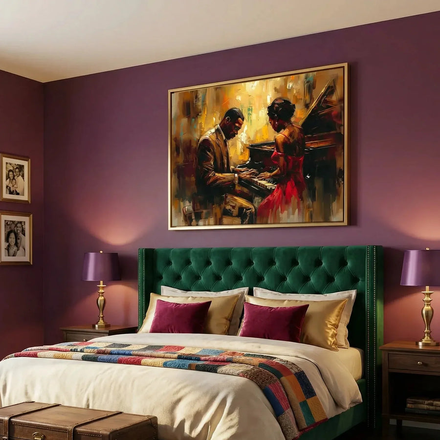 African American art for bedroom in glamorous bedroom with emerald velvet headboard and purple walls, Black couple piano. Digital mockup.
