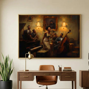 Modern Afro art for office in mid-century workspace with walnut desk and snake plant, Harlem jazz scene, oil painting. Digital mockup.