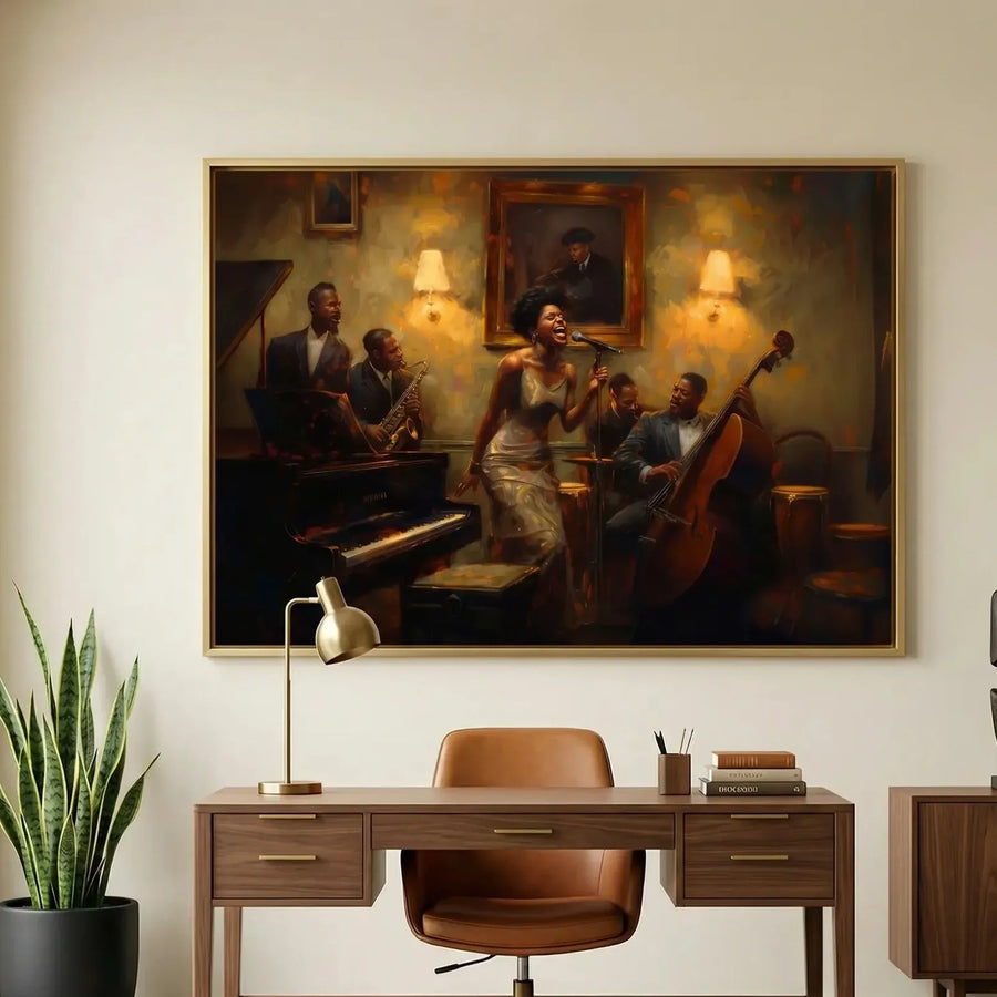 Modern Afro art for office in mid-century workspace with walnut desk and snake plant, Harlem jazz scene, oil painting. Digital mockup.
