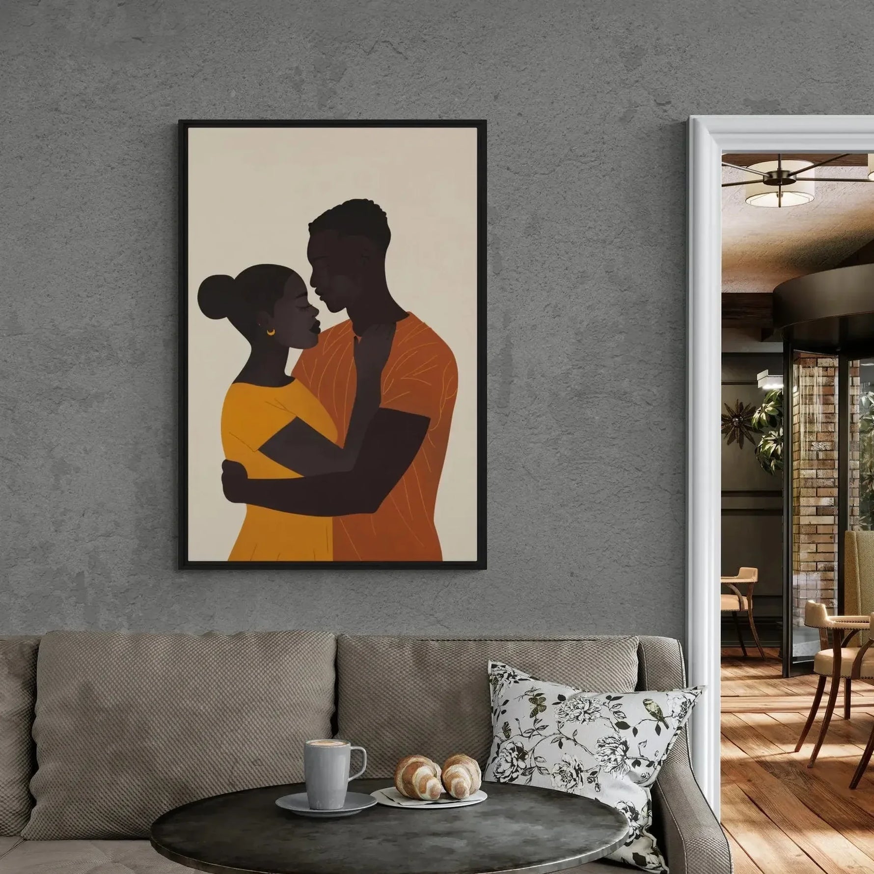 Urban Black aesthetic wall art in concrete loft living room with linen sofa and walnut table, minimalist Black couple embrace. Digital mockup.